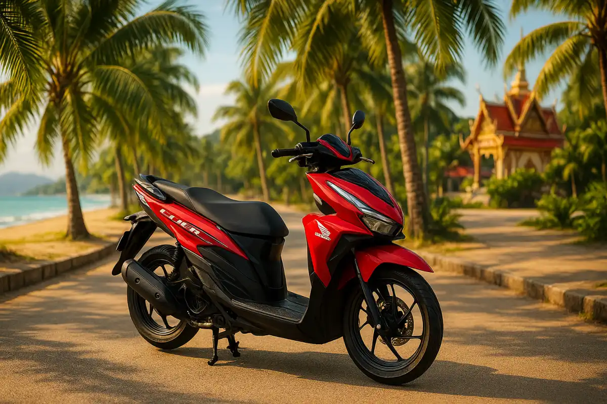 Мотобайк Honda Click припаркованный на улице Пхукета рядом с пальмами